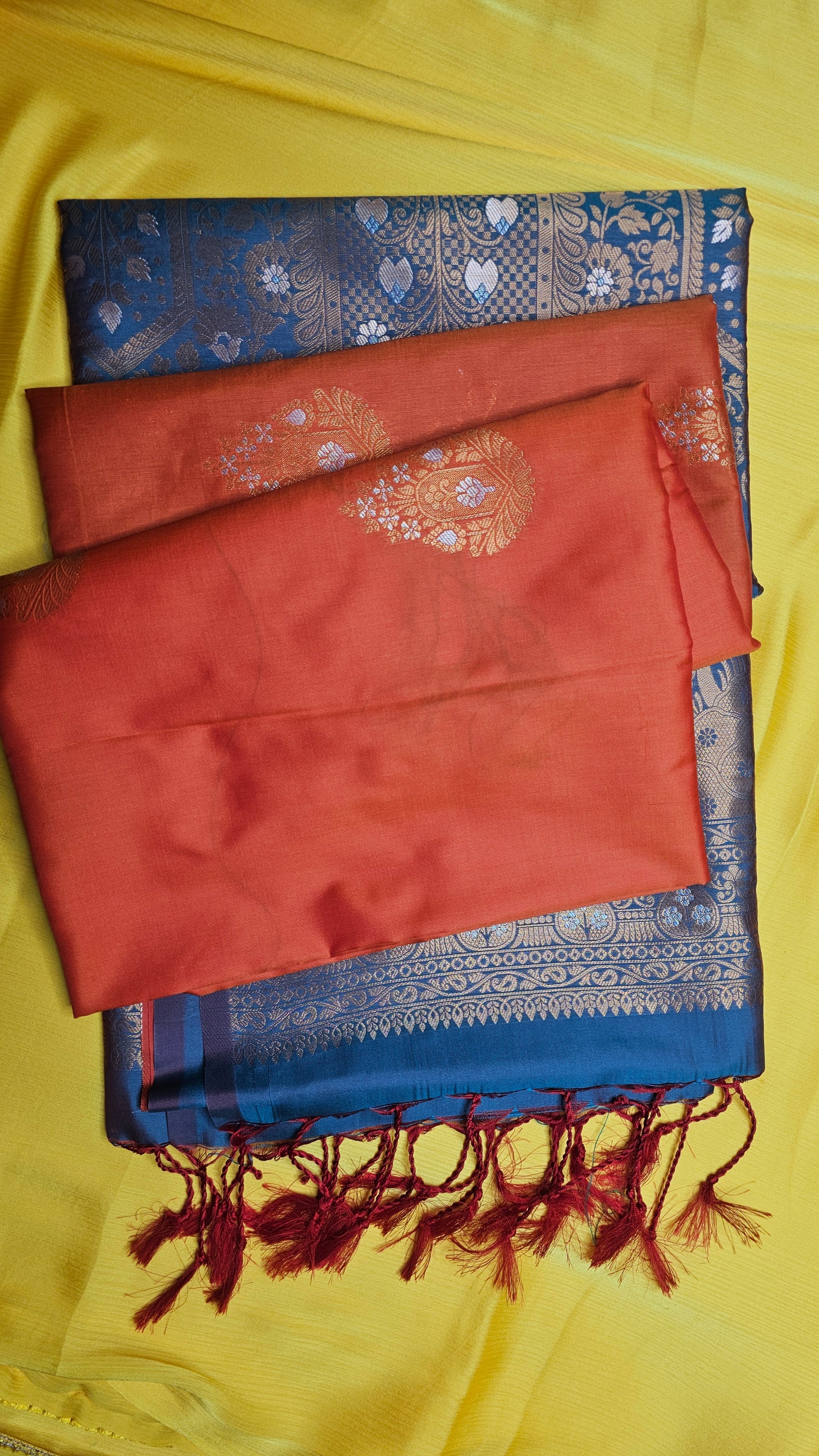 Elegant Blue & Rust Semi-Silk Saree with Golden Zari Border and Pallu