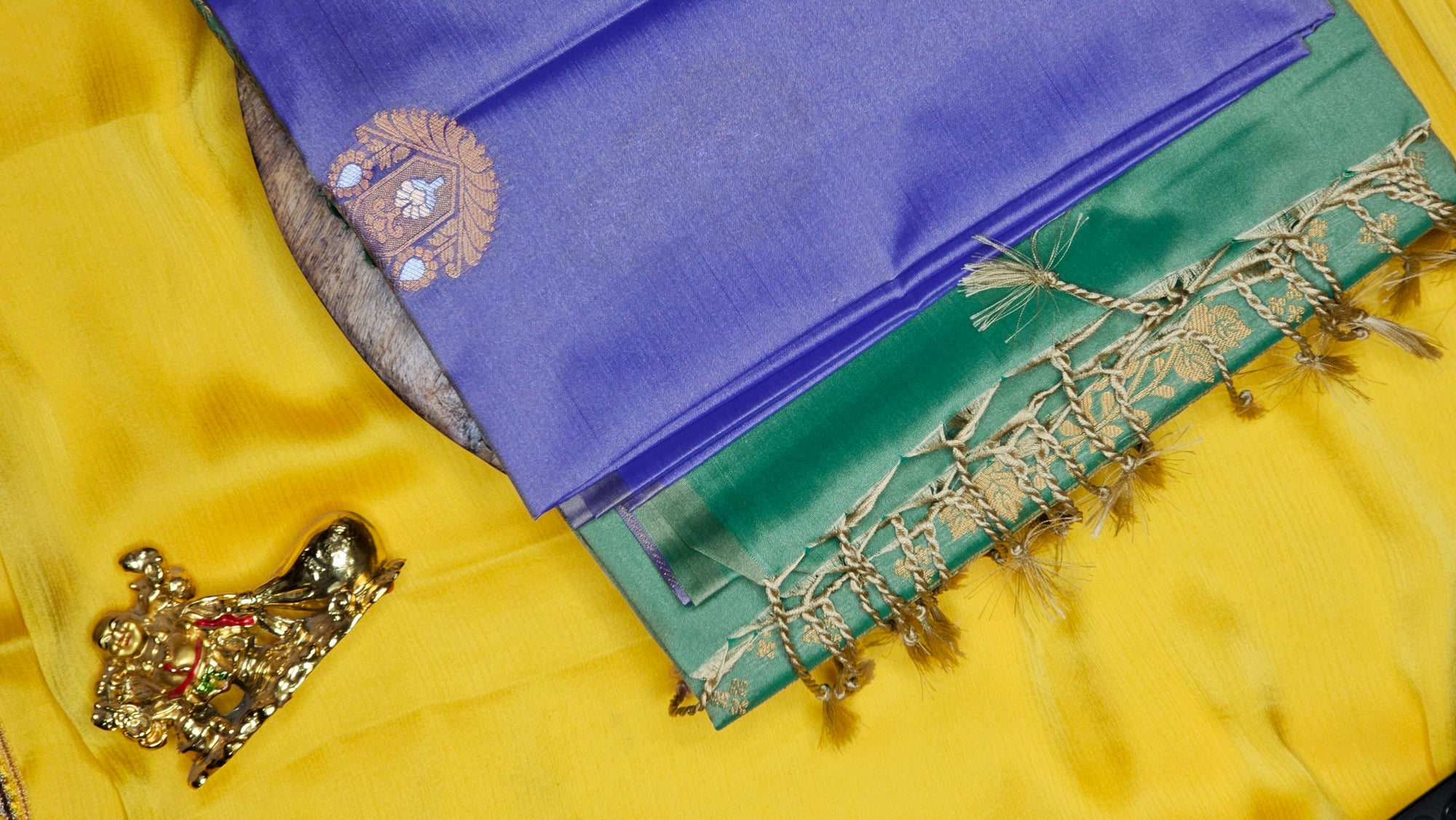 Royal Blue & Green Semi-Silk Saree with Golden Zari Tassels and Contrast Blouse