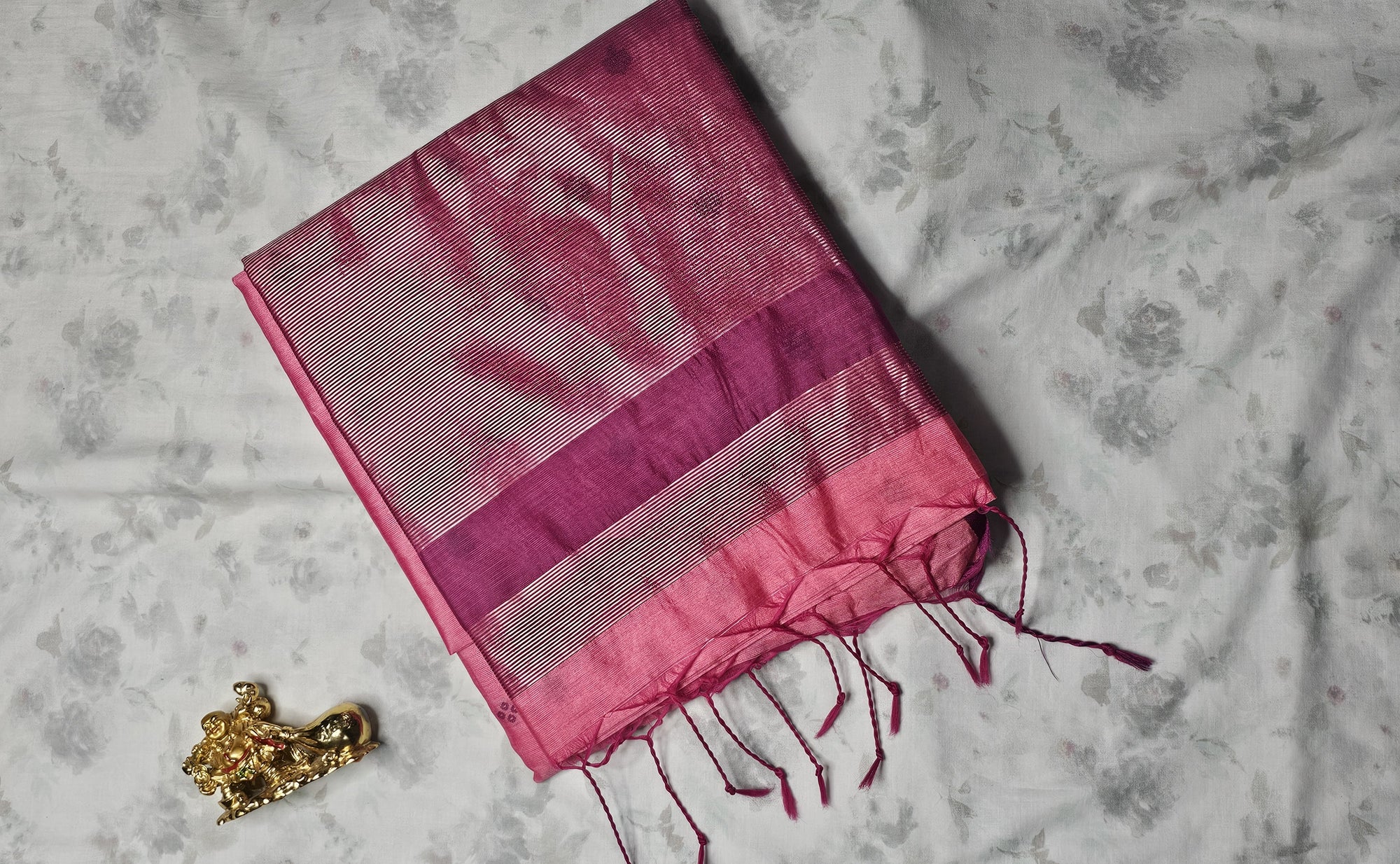 Handwoven Pink Silk Saree with Golden Deer Motif & Contrast Pallu