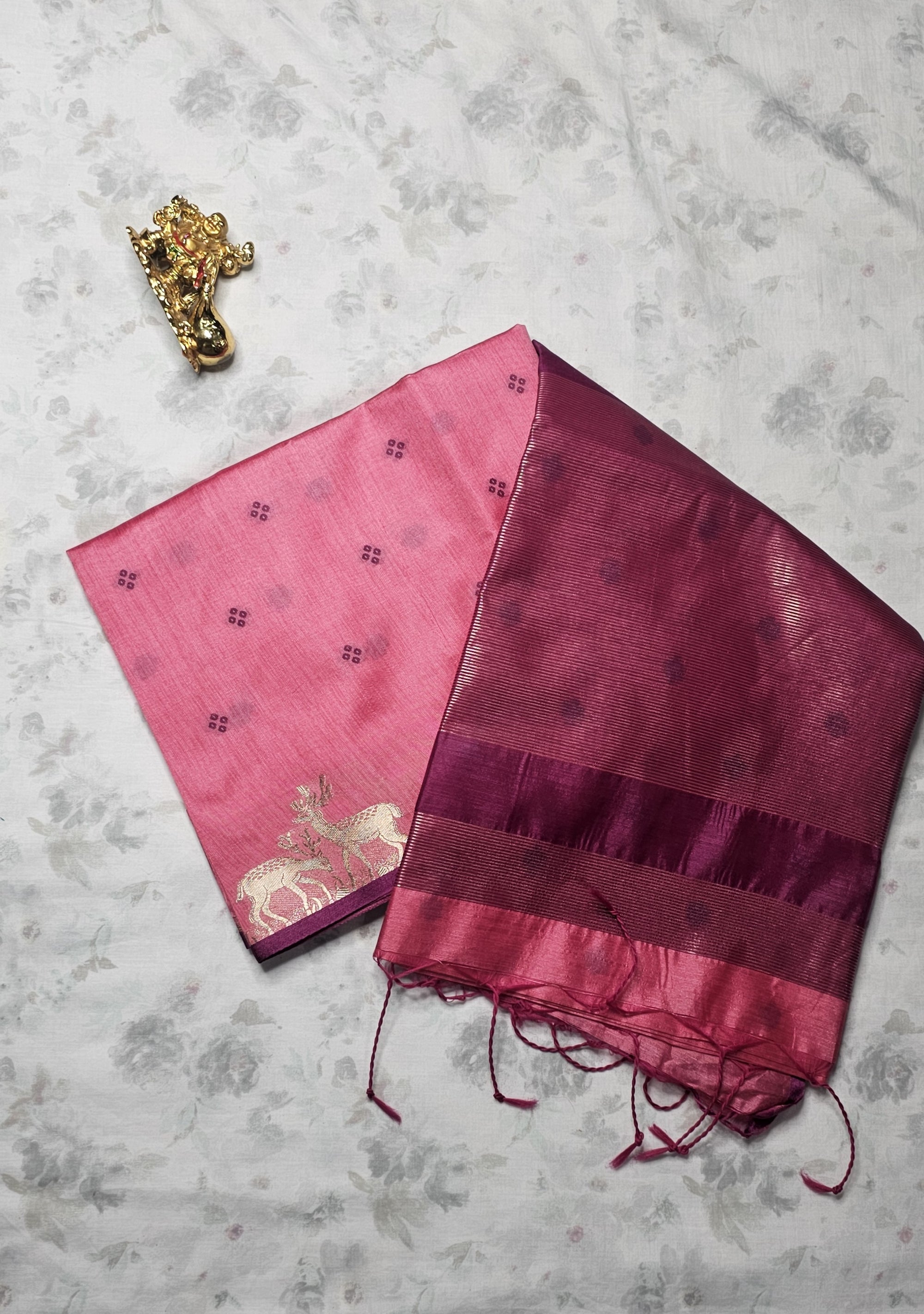 Handwoven Pink Silk Saree with Golden Deer Motif & Contrast Pallu