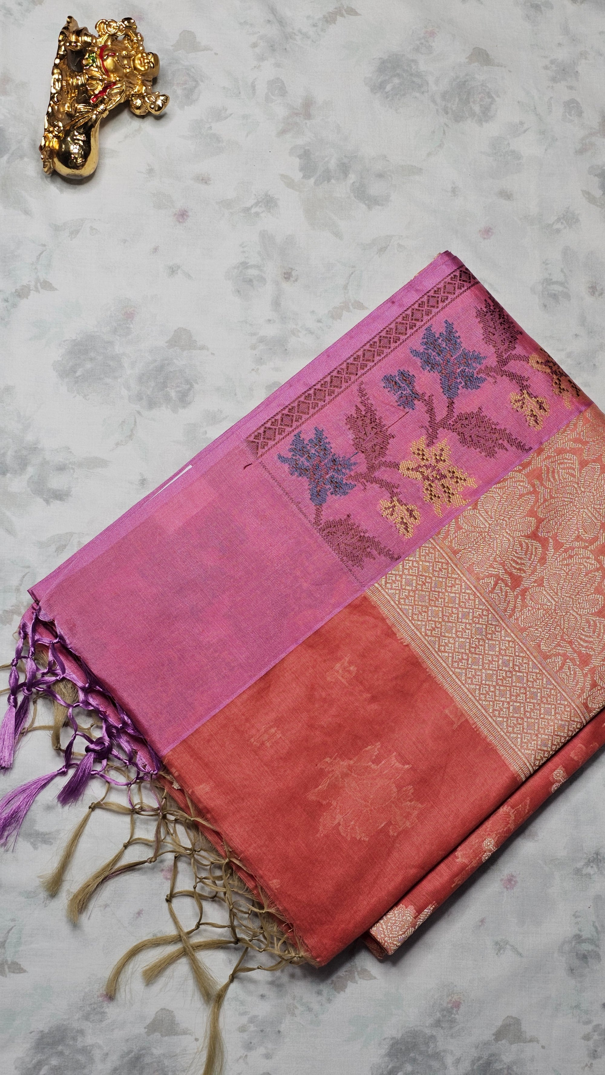 Peach Pink Silk Saree with Floral Zari Weave & Contrast Purple Pallu
