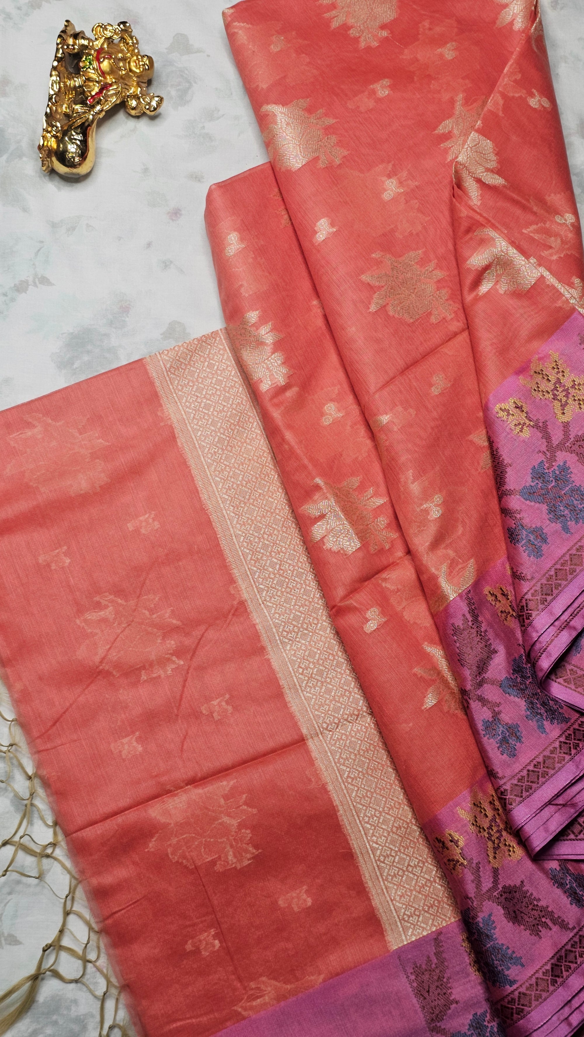 Peach Pink Silk Saree with Floral Zari Weave & Contrast Purple Pallu