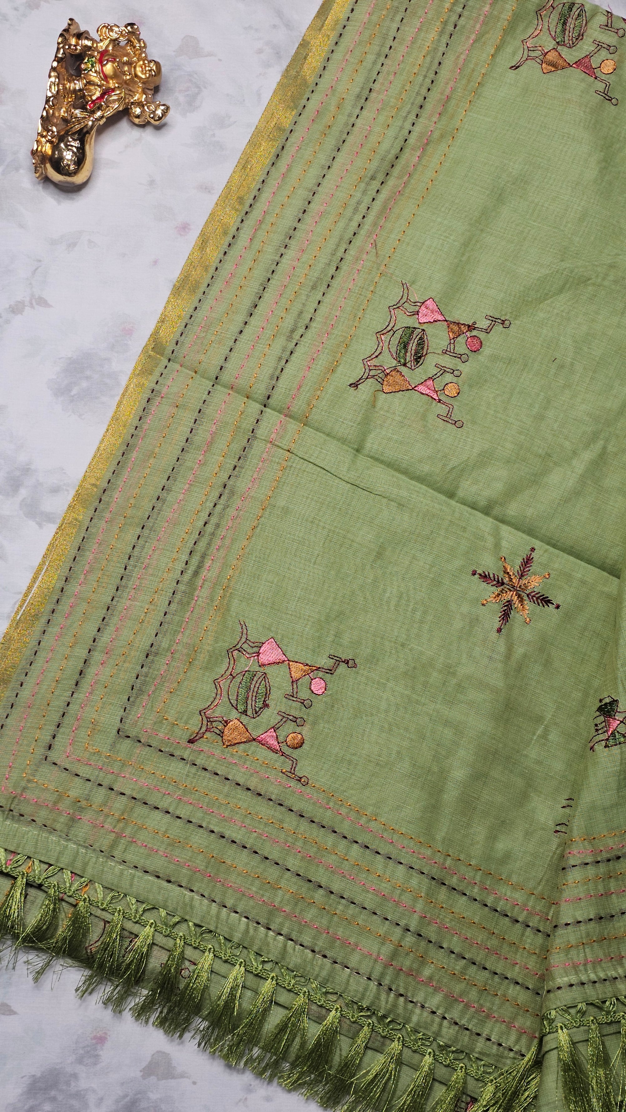 Light Green Handloom Cotton Saree with Tribal Embroidery & Tassel Border