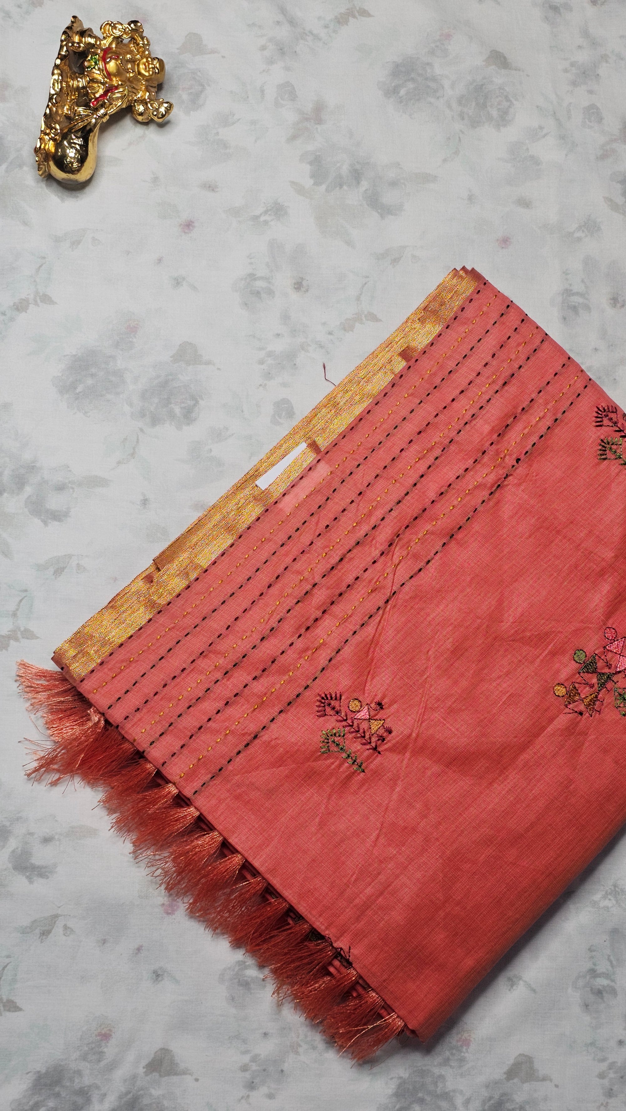 Peach Orange Handloom Cotton Saree with Tribal Embroidery & Golden Border