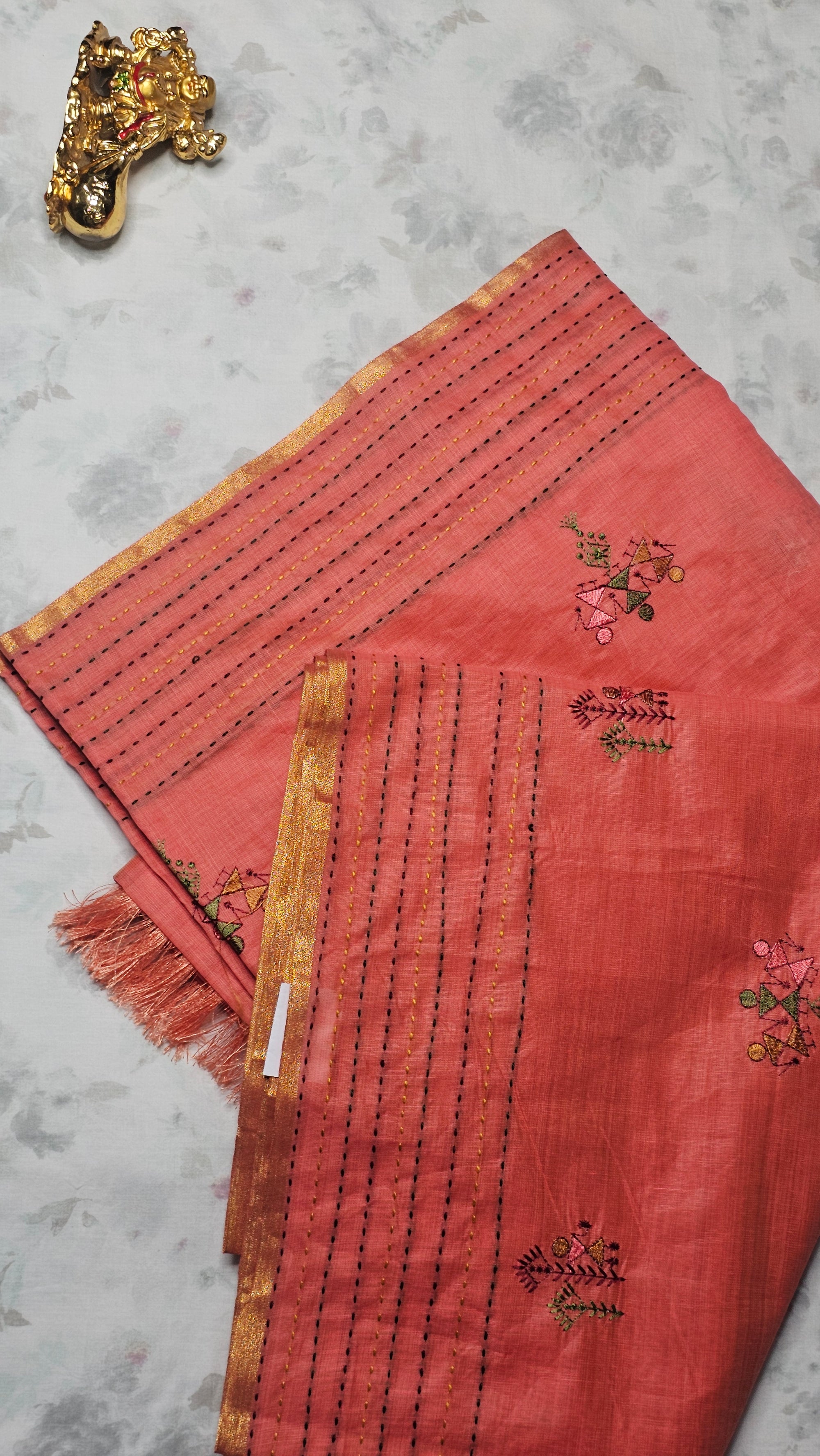 Peach Orange Handloom Cotton Saree with Tribal Embroidery & Golden Border