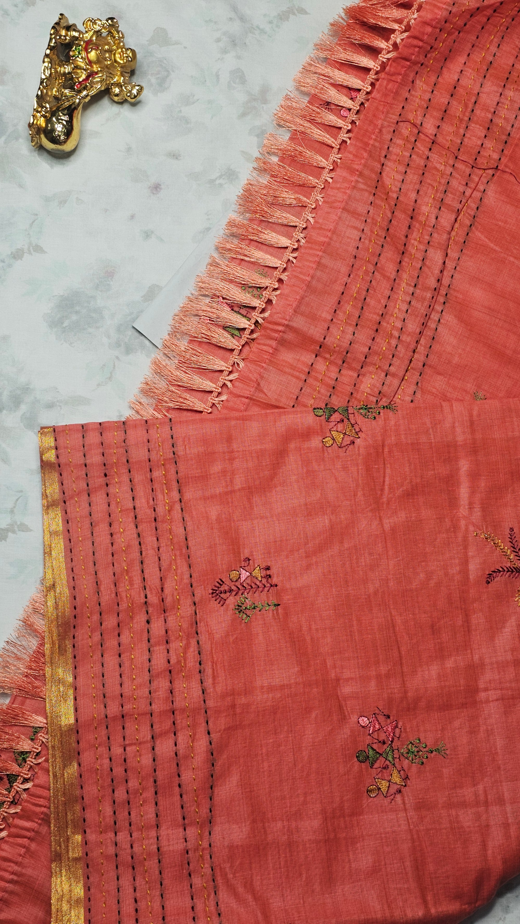 Peach Orange Handloom Cotton Saree with Tribal Embroidery & Golden Border