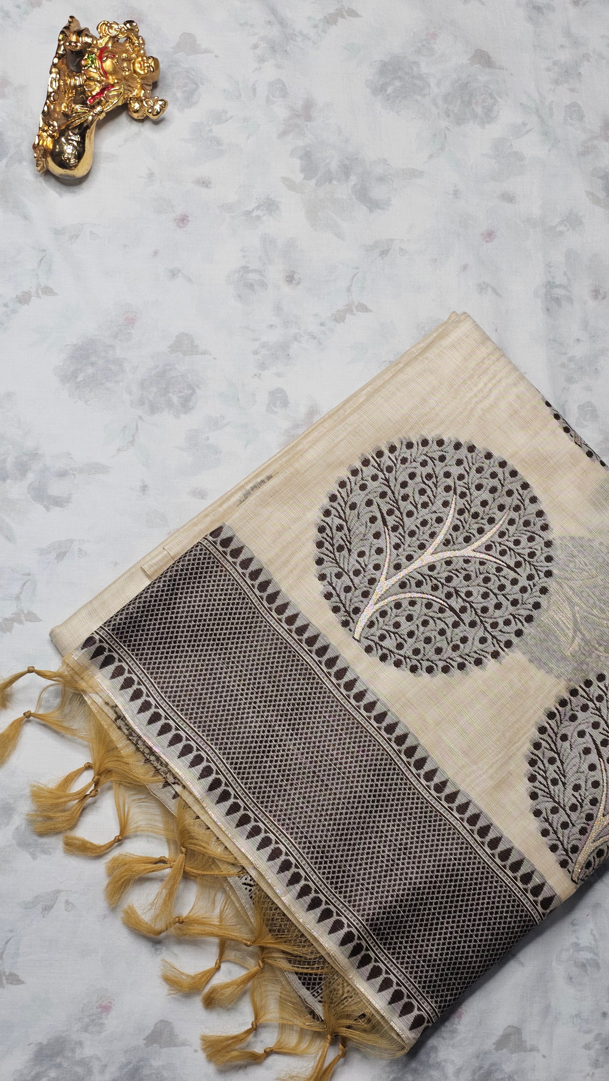 Cream & Black Handloom Cotton Saree with Tree Motifs & Tassel Border