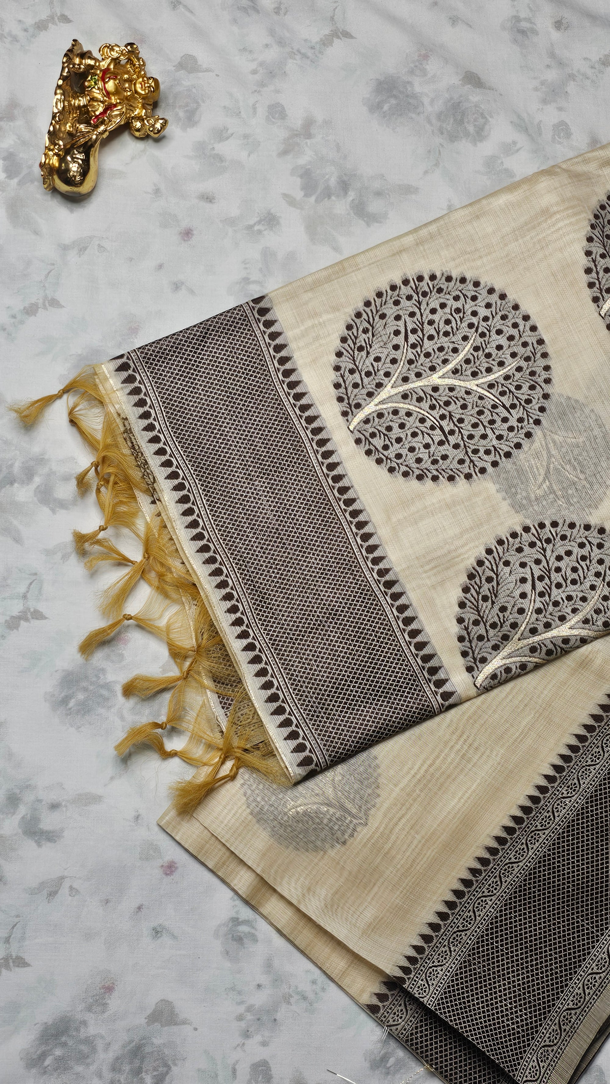 Cream & Black Handloom Cotton Saree with Tree Motifs & Tassel Border