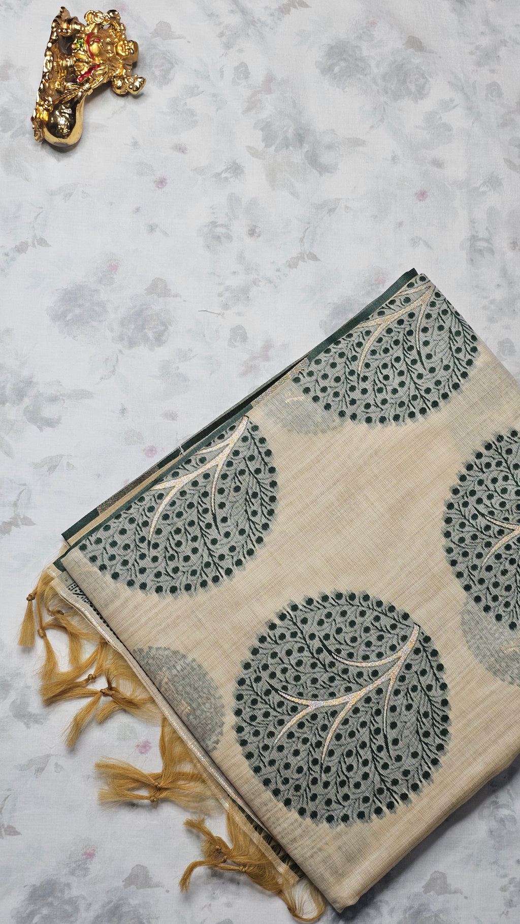 Cream & Green Handloom Cotton Saree with Tree Motifs & Geometric Border