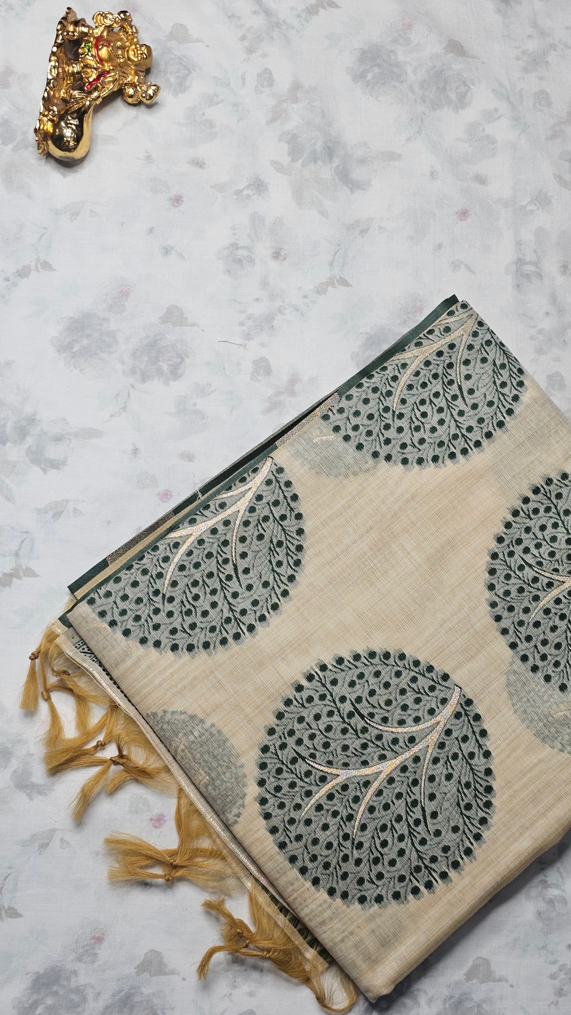 Cream & Green Handloom Cotton Saree with Tree Motifs & Geometric Border