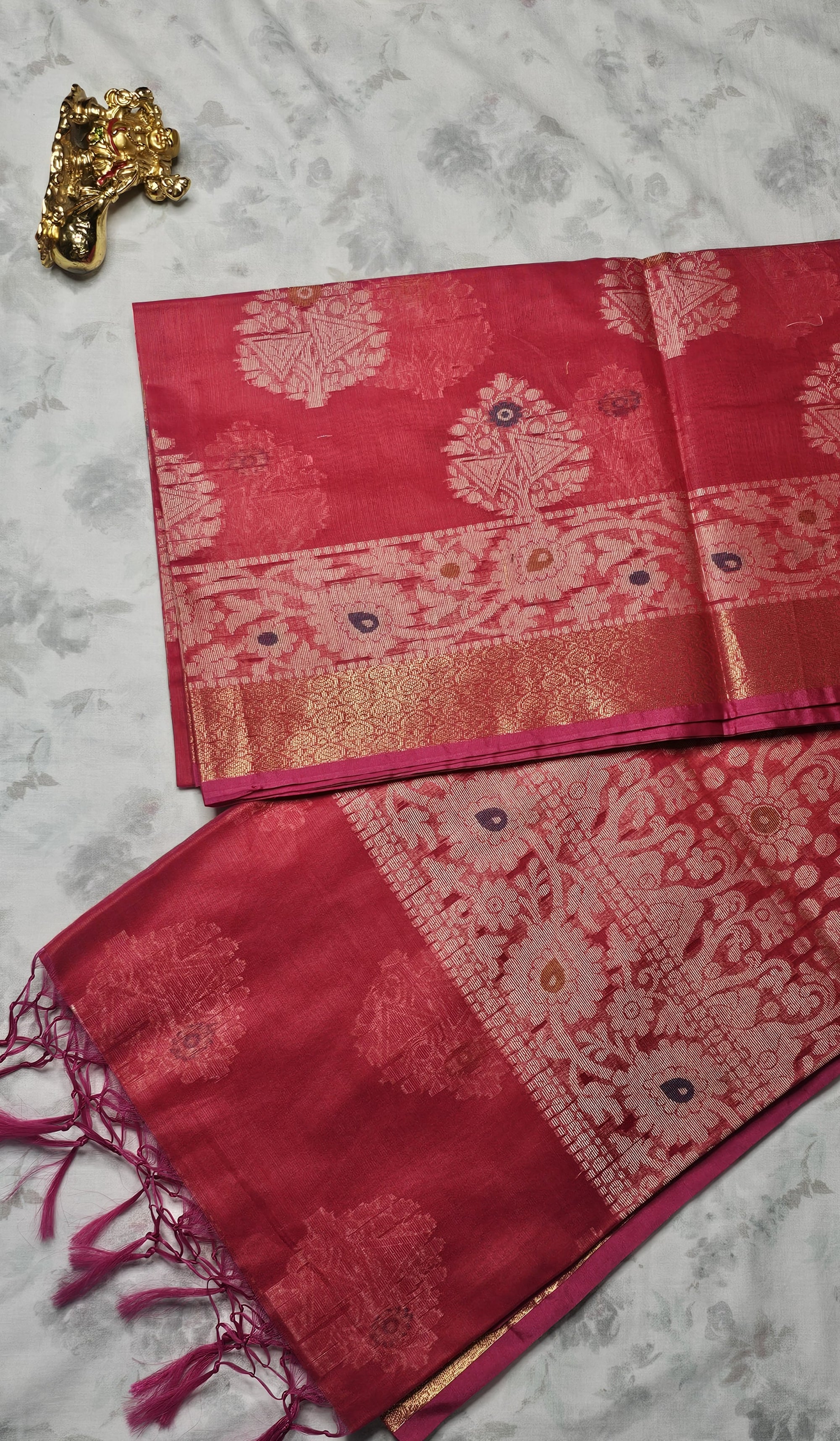 Red Silk Saree with Intricate Golden Zari Border & Floral Weave
