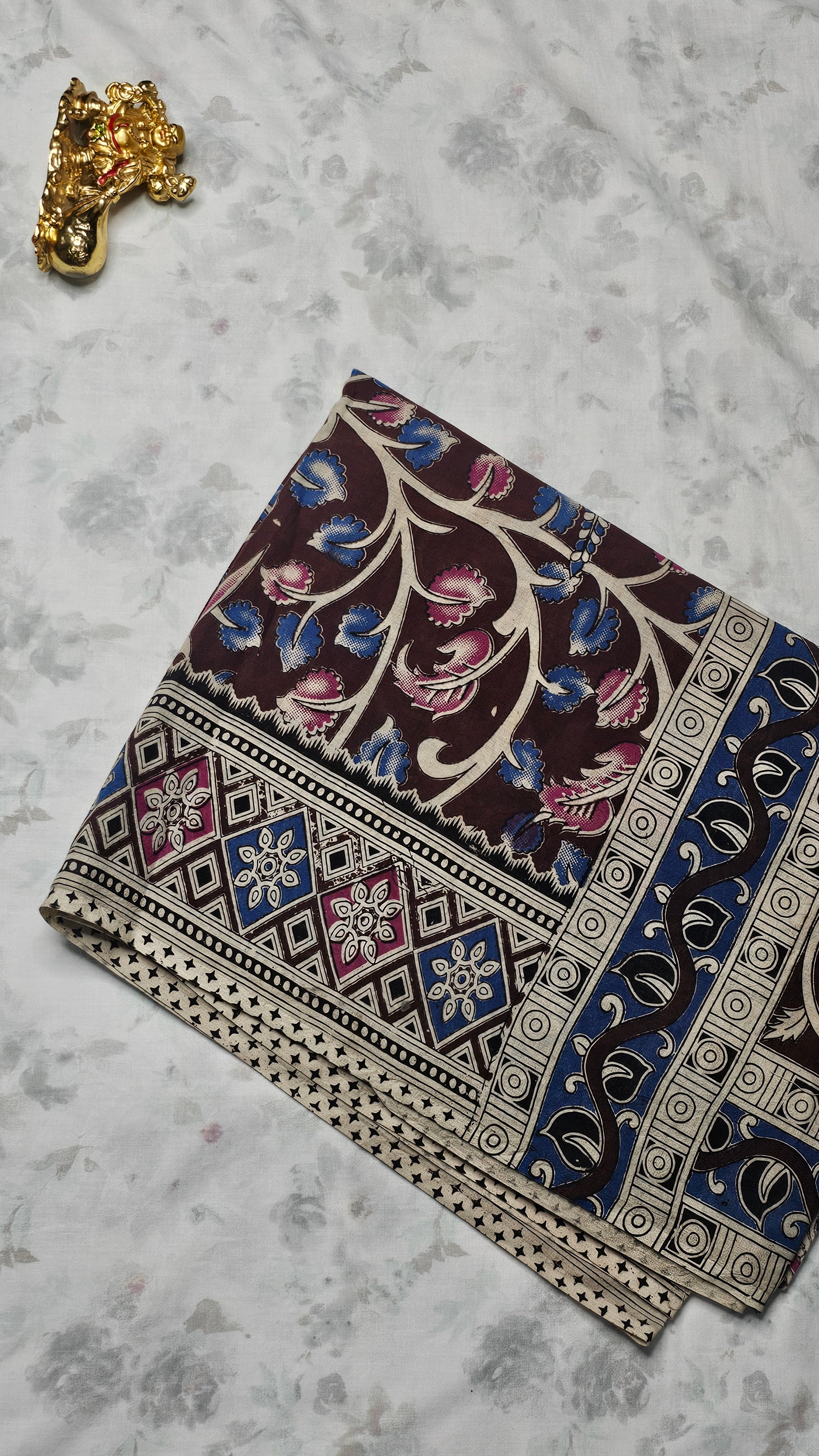 Brown Cotton Saree with Hand Block Print & Floral-Geometric Design