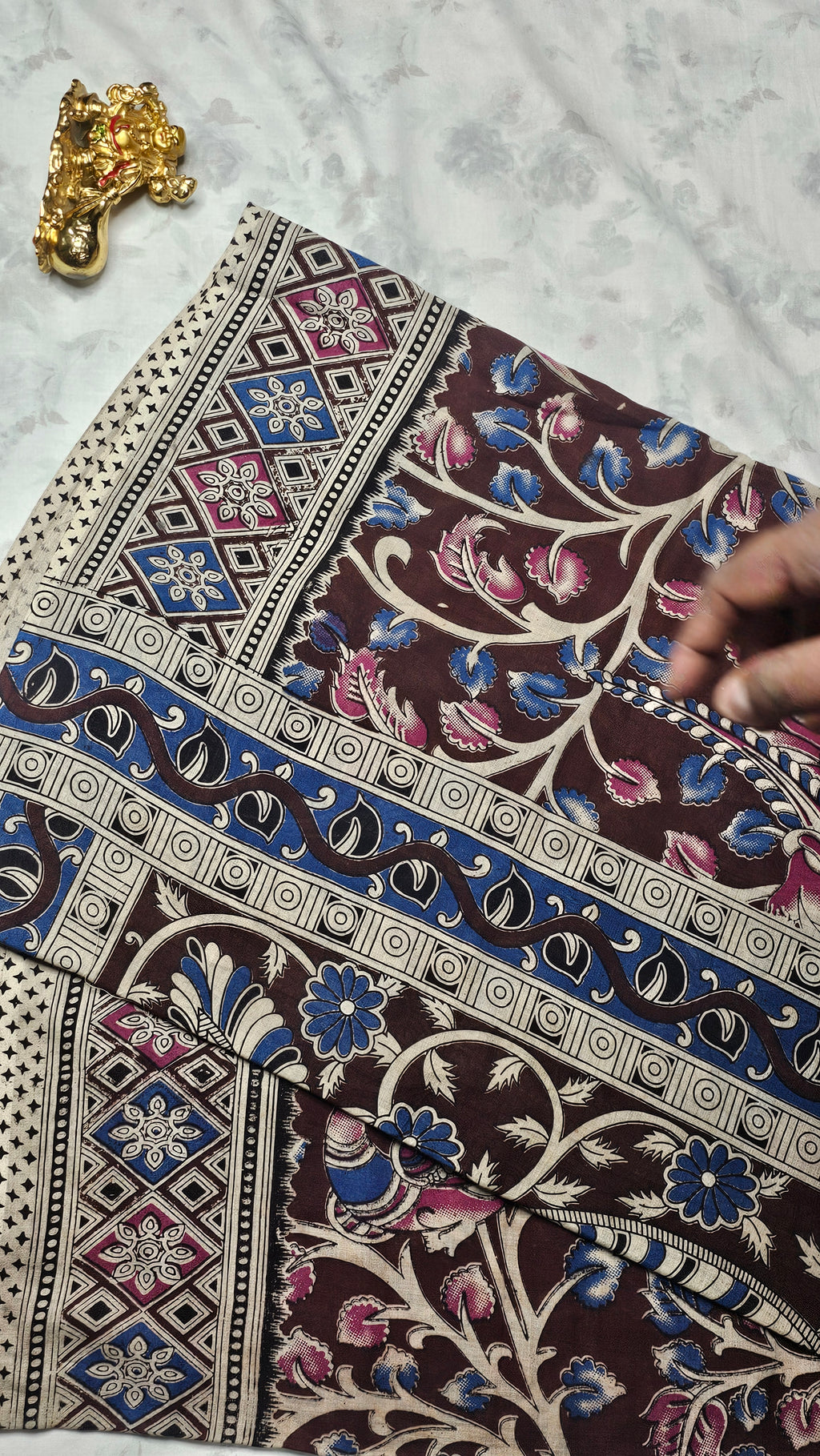 Brown Cotton Saree with Hand Block Print & Floral-Geometric Design