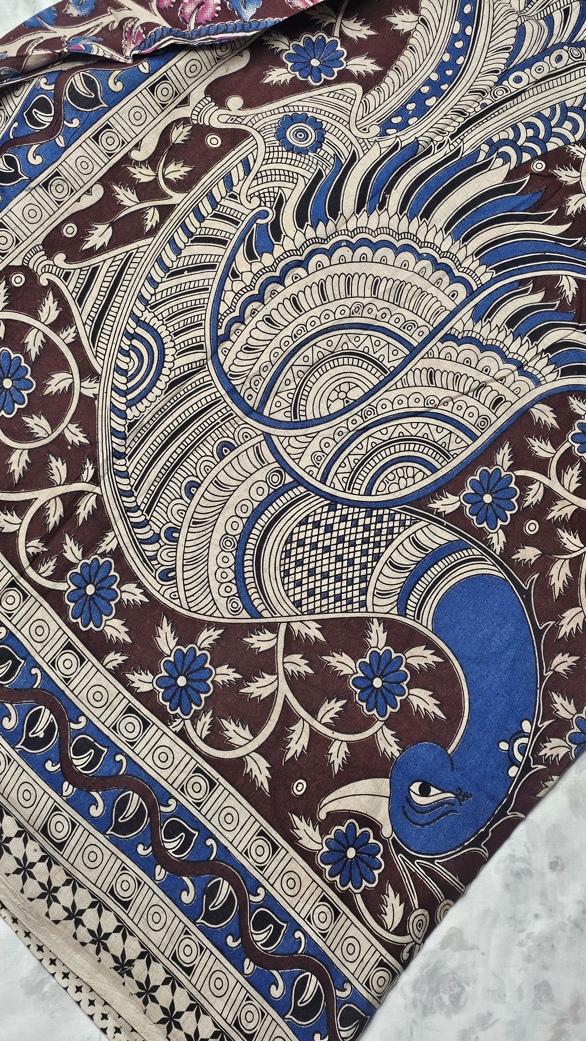 Brown Cotton Saree with Hand Block Print & Floral-Geometric Design