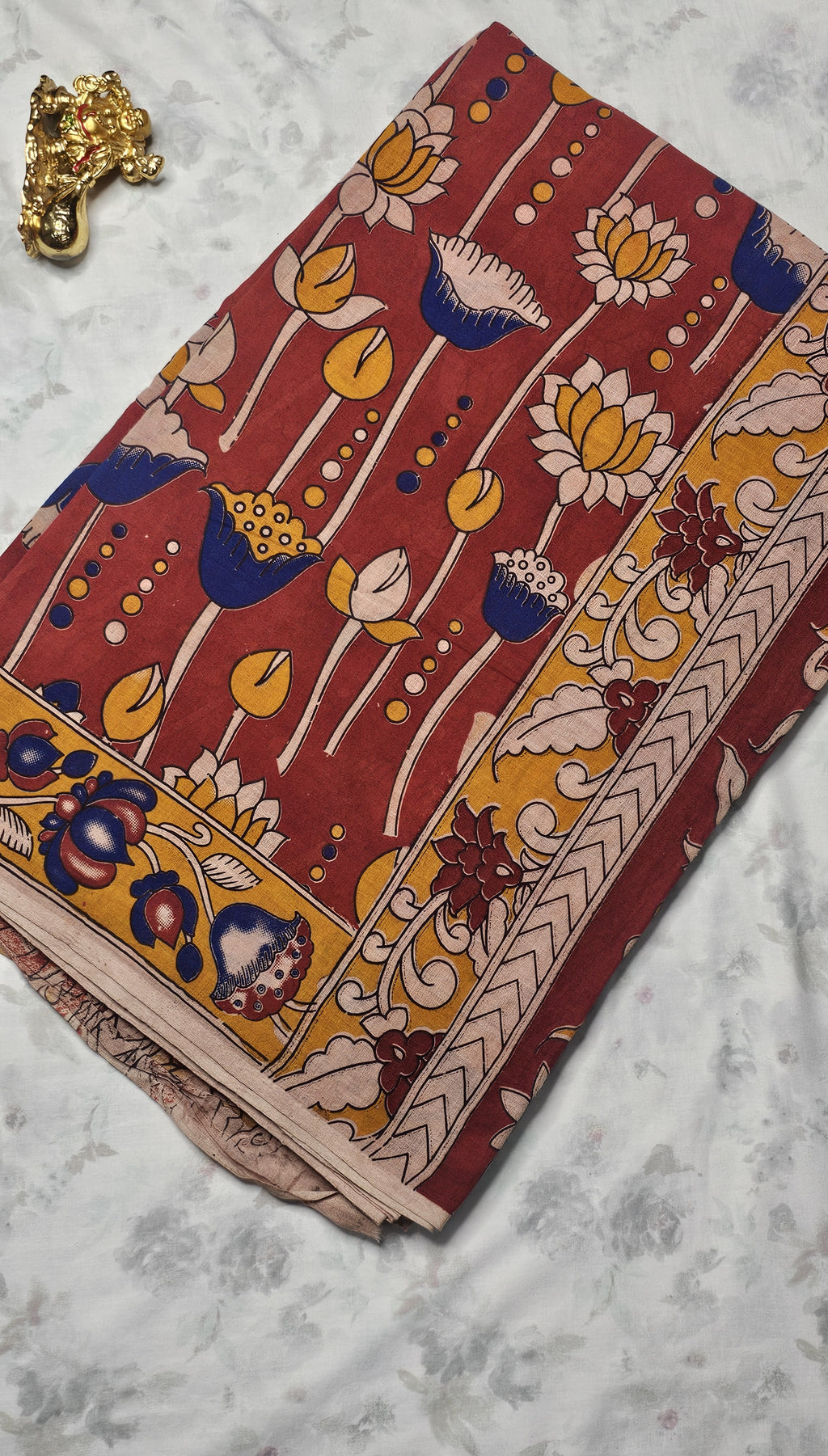 Red Cotton Saree with Lotus Block Print & Multicolor Border