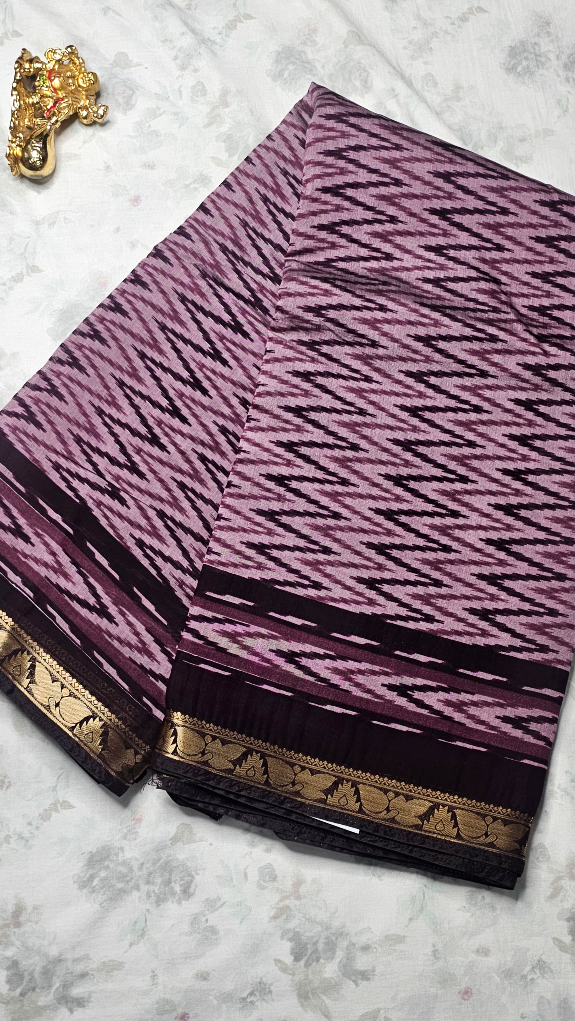 Purple Ikat Cotton Saree with Golden Zari Border