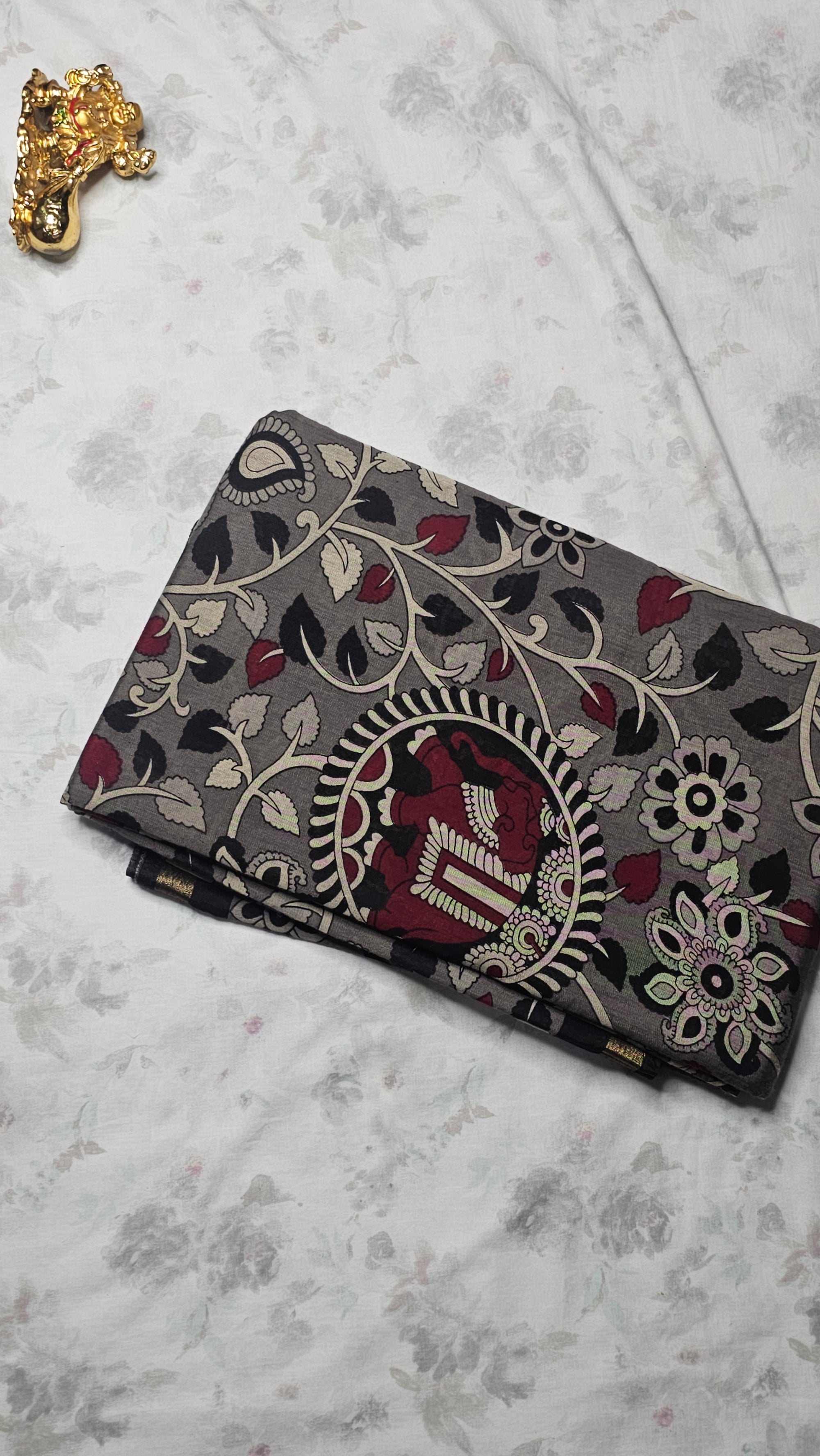 Grey Cotton Saree with Elephant Motifs, Floral Prints & Golden Border