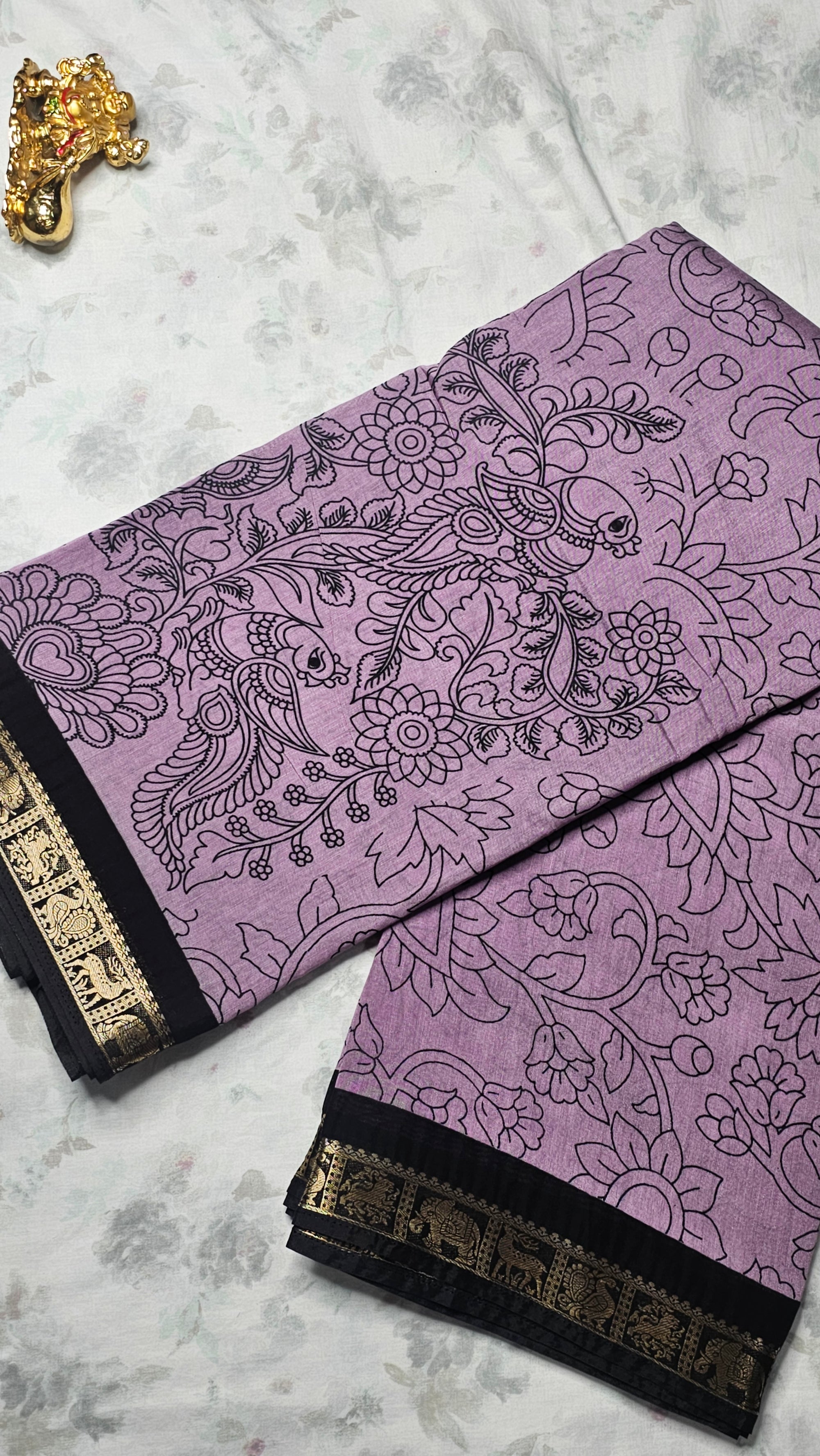 Lavender Cotton Saree with Peacock & Floral Print and Black Zari Border