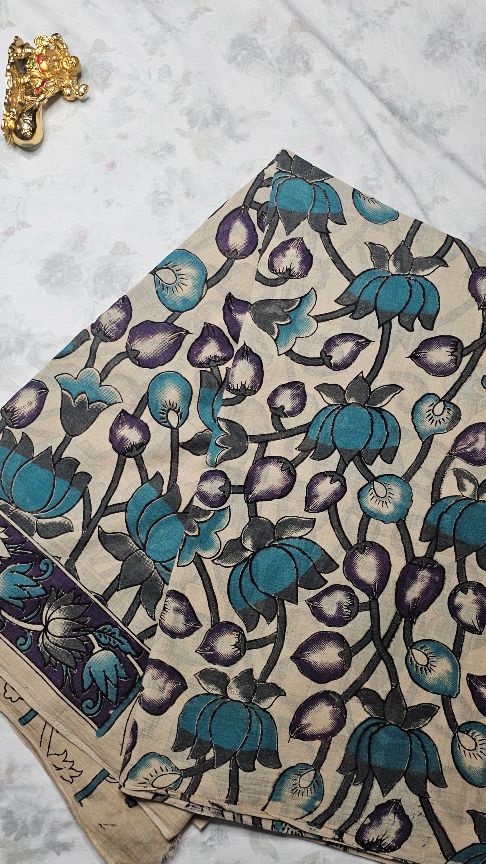 Cream Cotton Saree with Blue & Purple Lotus Print and Contrast Border