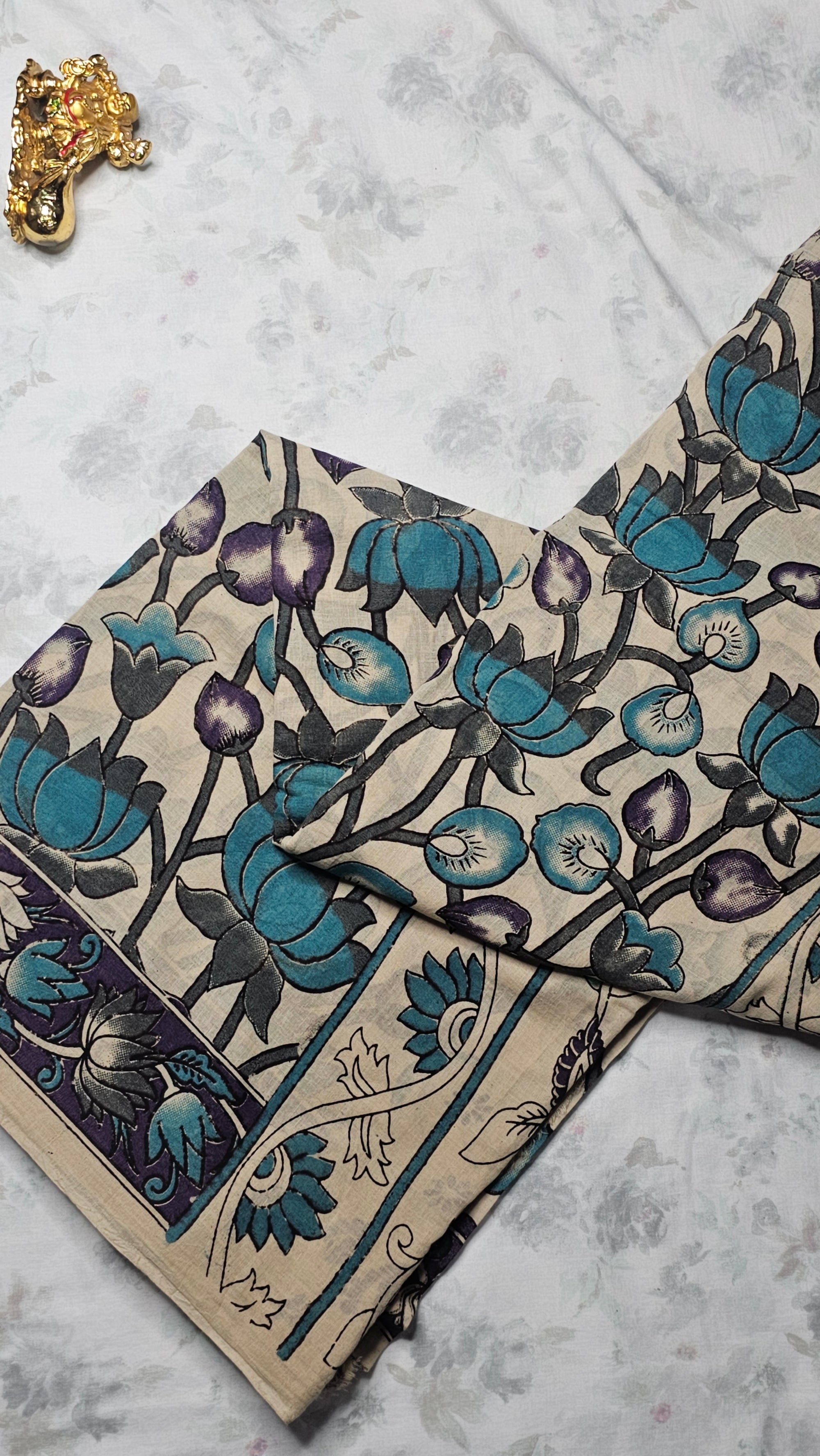 Cream Cotton Saree with Blue & Purple Lotus Print and Contrast Border