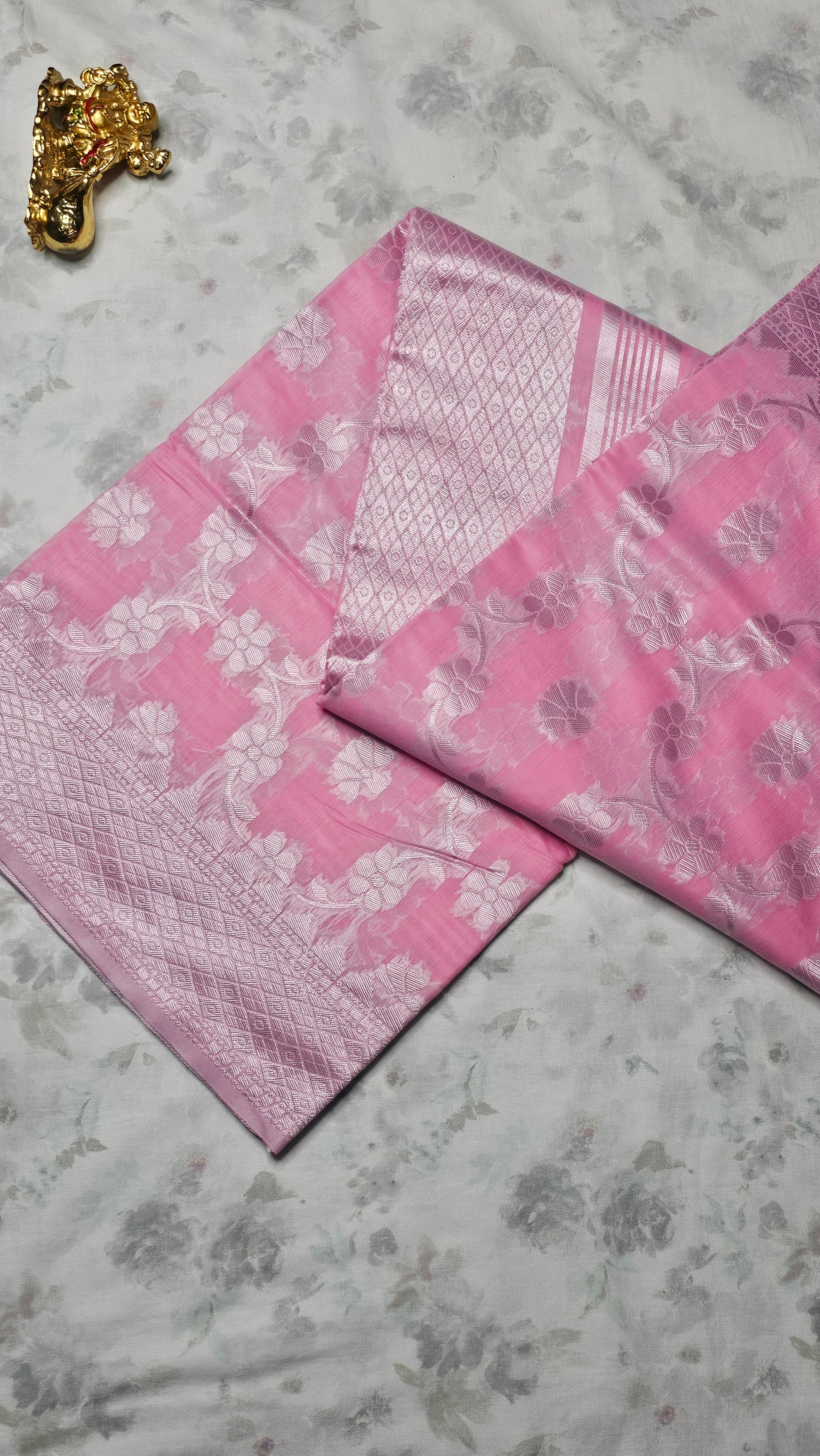 Pastel Pink Silk Saree with Silver Zari Floral Weave