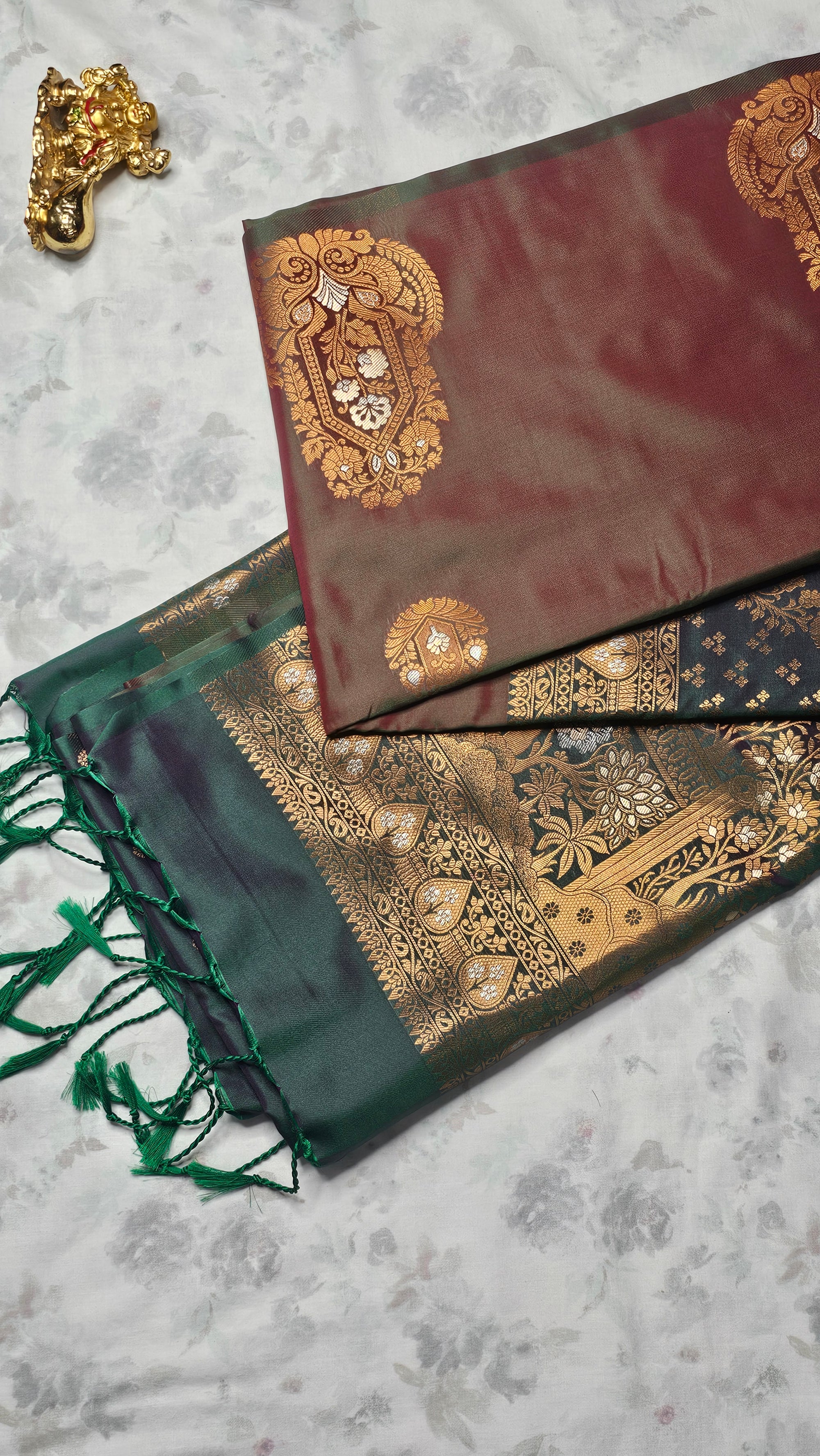 Maroon & Bottle Green Silk Saree with Rich Golden Zari Weave