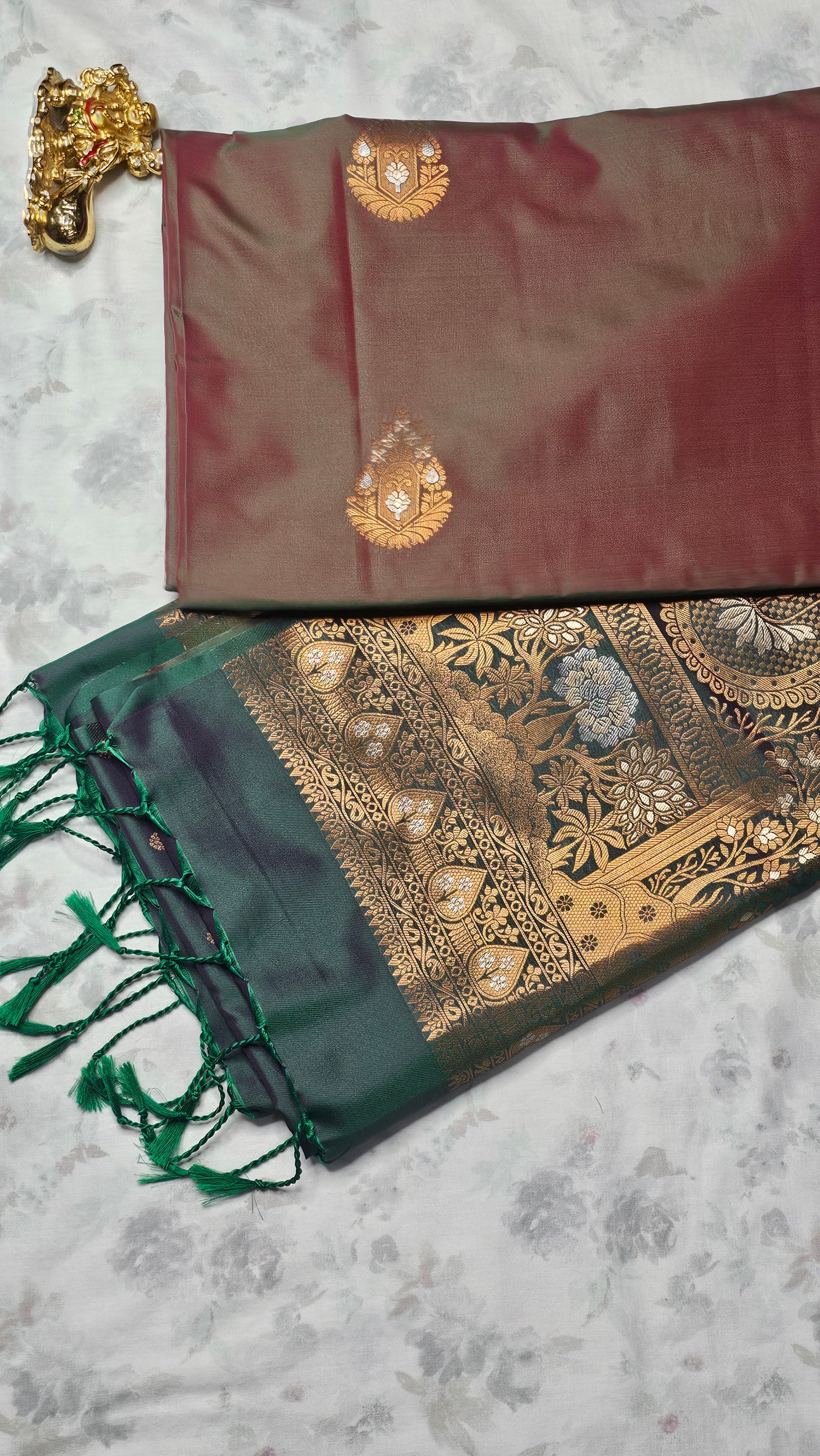 Maroon & Bottle Green Silk Saree with Rich Golden Zari Weave
