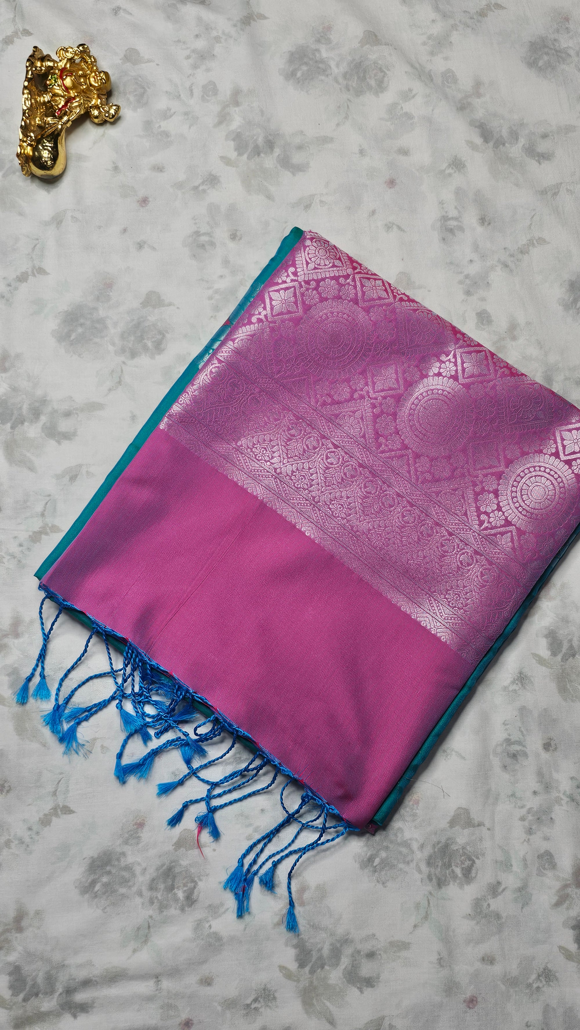 Teal & Pink Silk Saree with Silver Zari Geometric Weave