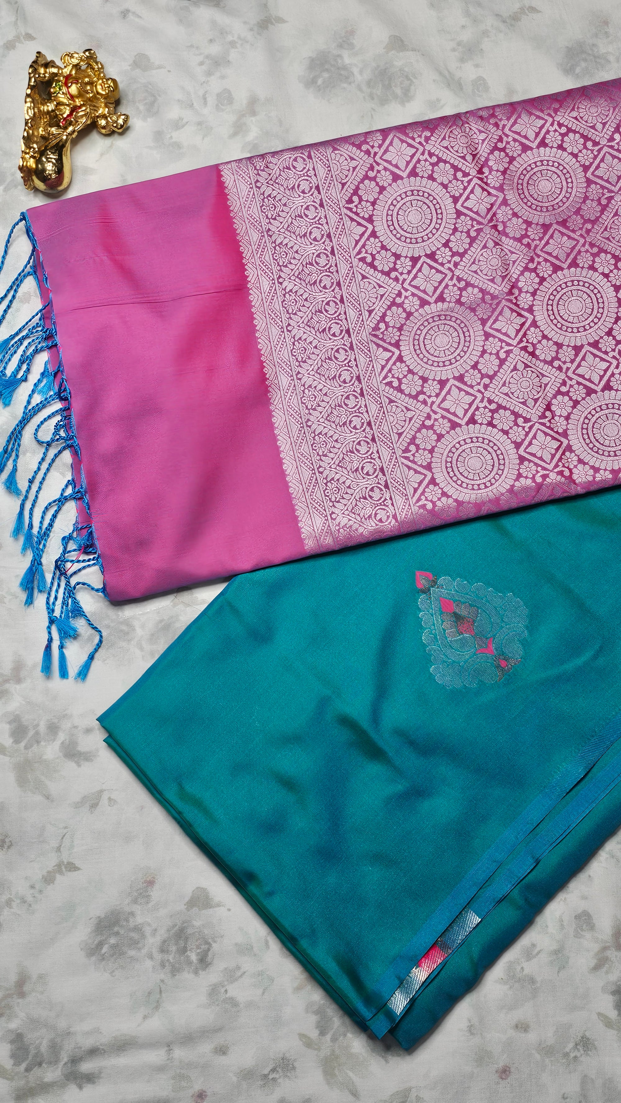Teal & Pink Silk Saree with Silver Zari Geometric Weave