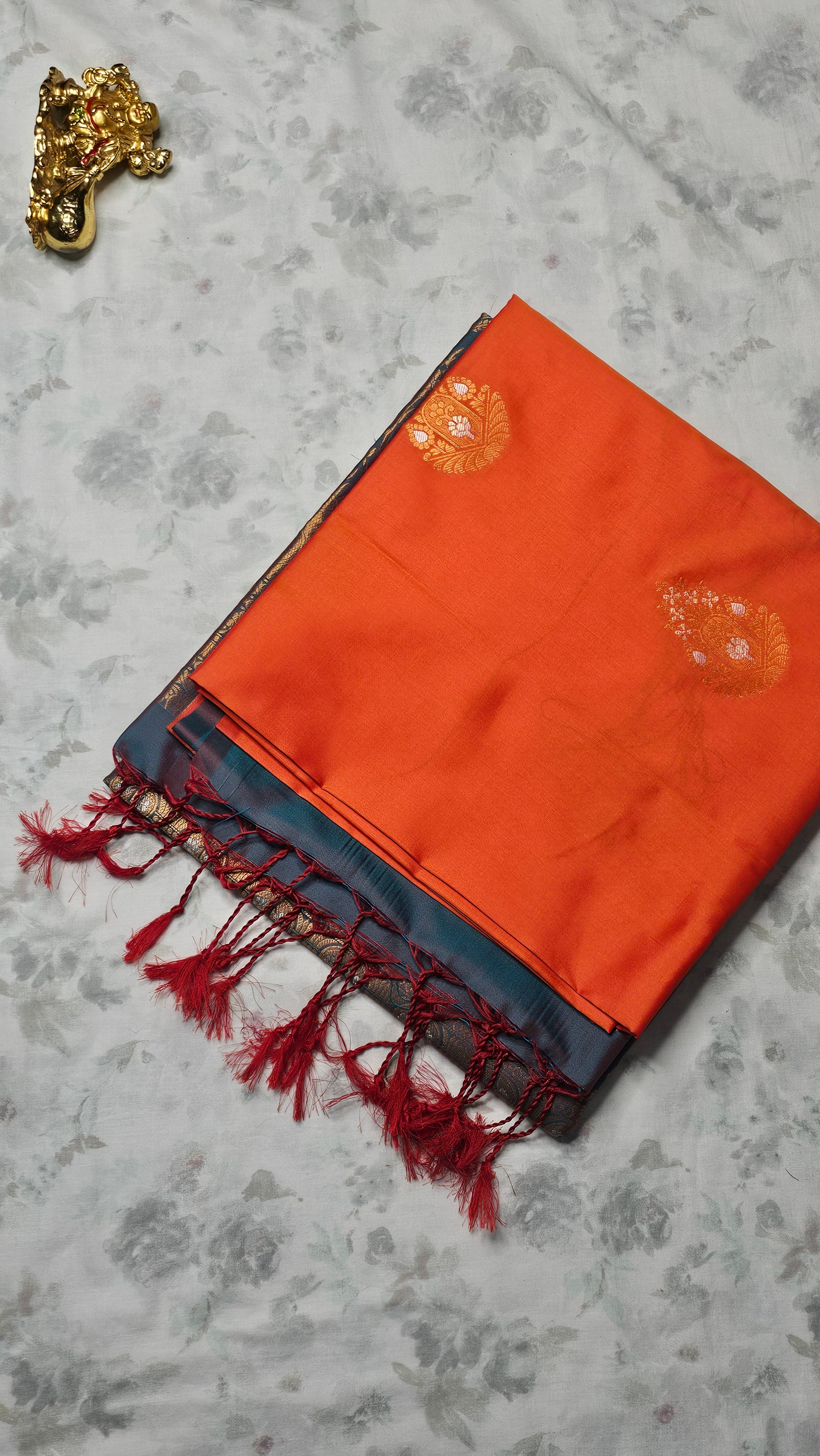 Elegant Orange Kanjivaram Silk Saree with Navy-Blue Zari Border