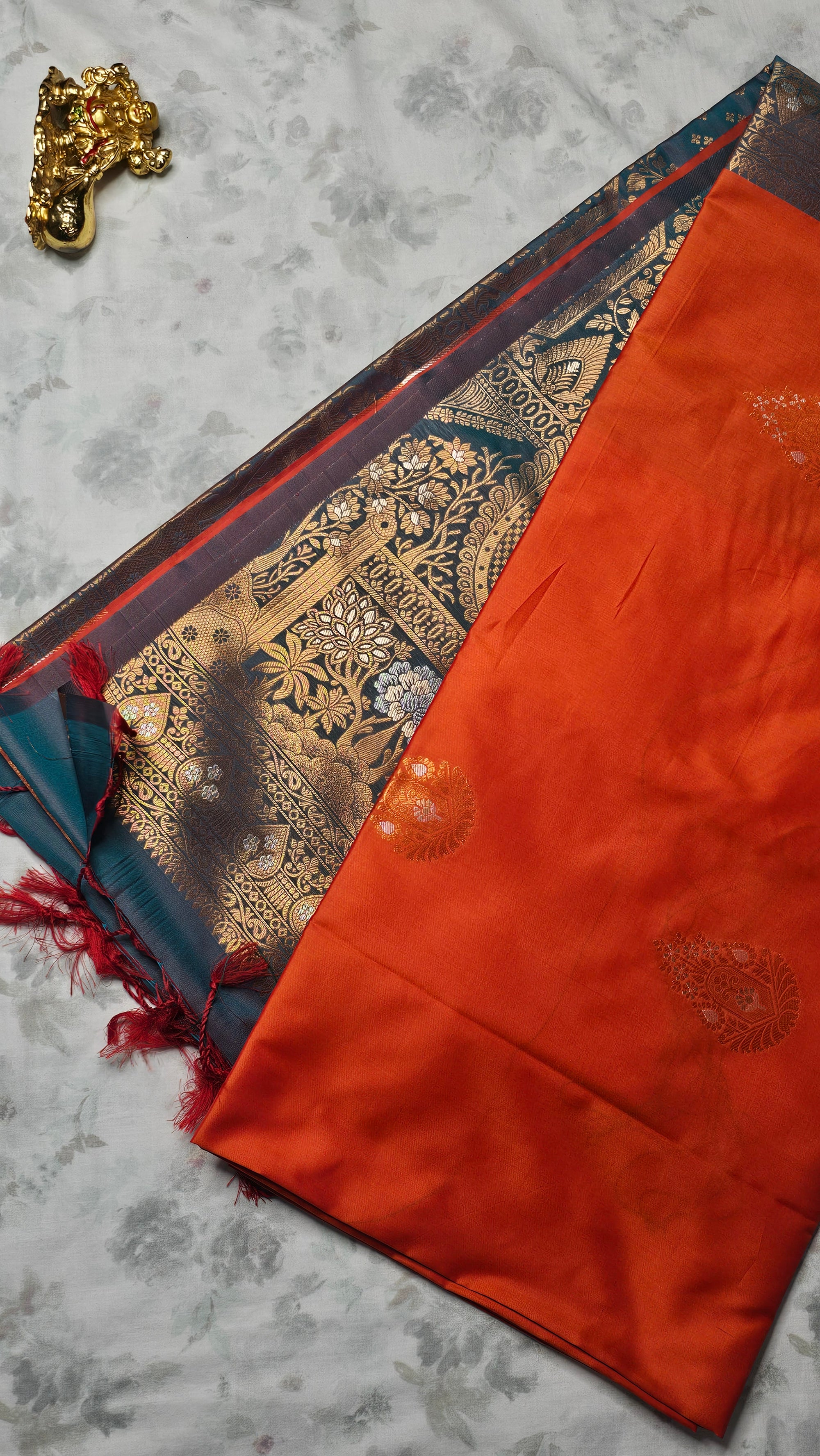 Elegant Orange Kanjivaram Silk Saree with Navy-Blue Zari Border